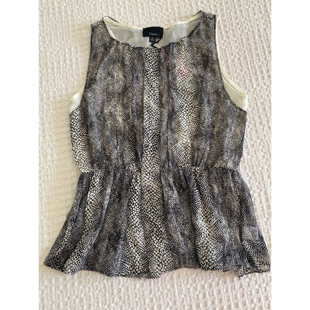 NWT Lumiere Womens Small Snakeskin Print Peplum Blouse Sleeveless Black White